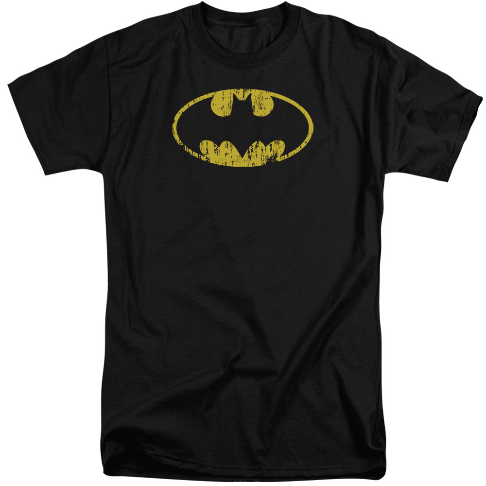 AN OFFCIALLY LICENSED BATMAN CLASSIC LOGO DISTRESSED MEN'S TALL FIT T-SHIRT BLACK