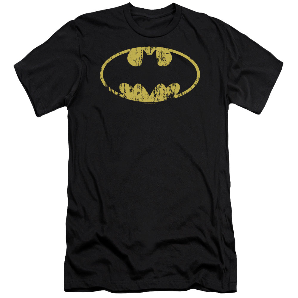 AN OFFCIALLY LICENSED BATMAN CLASSIC LOGO DISTRESSED MEN'S PREMIUM SLIM FIT T-SHIRT BLACK