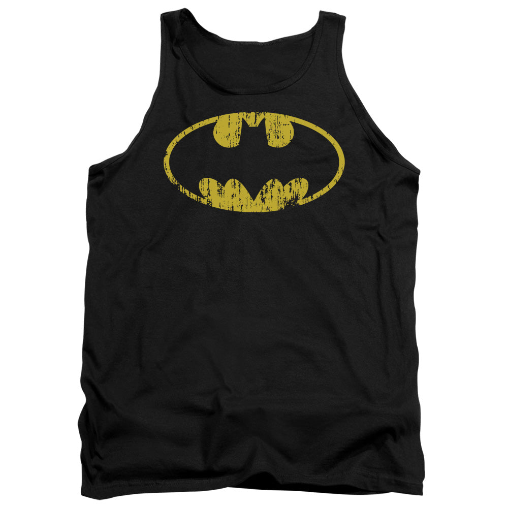 AN OFFCIALLY LICENSED BATMAN CLASSIC LOGO DISTRESSED ADULT UNISEX TANK TOP BLACK