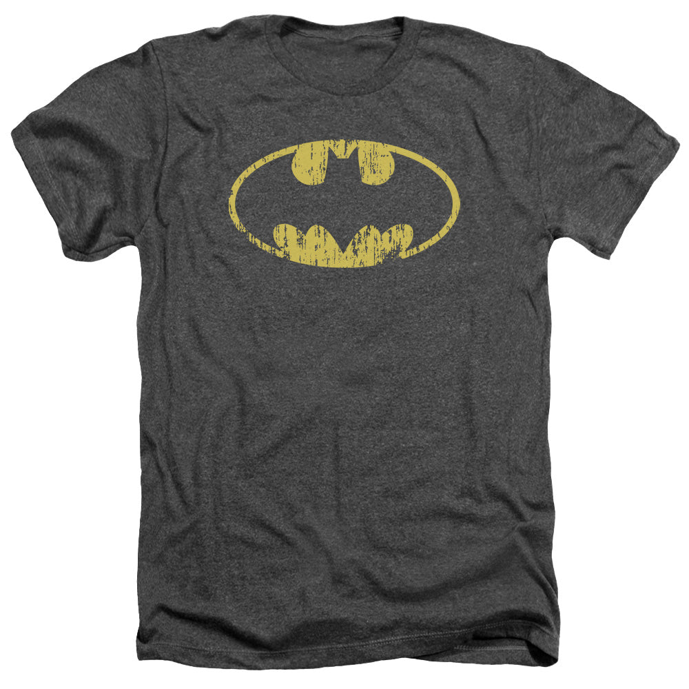 AN OFFCIALLY LICENSED BATMAN CLASSIC LOGO DISTRESSED MEN'S HEATHER T-SHIRT CHARCOAL