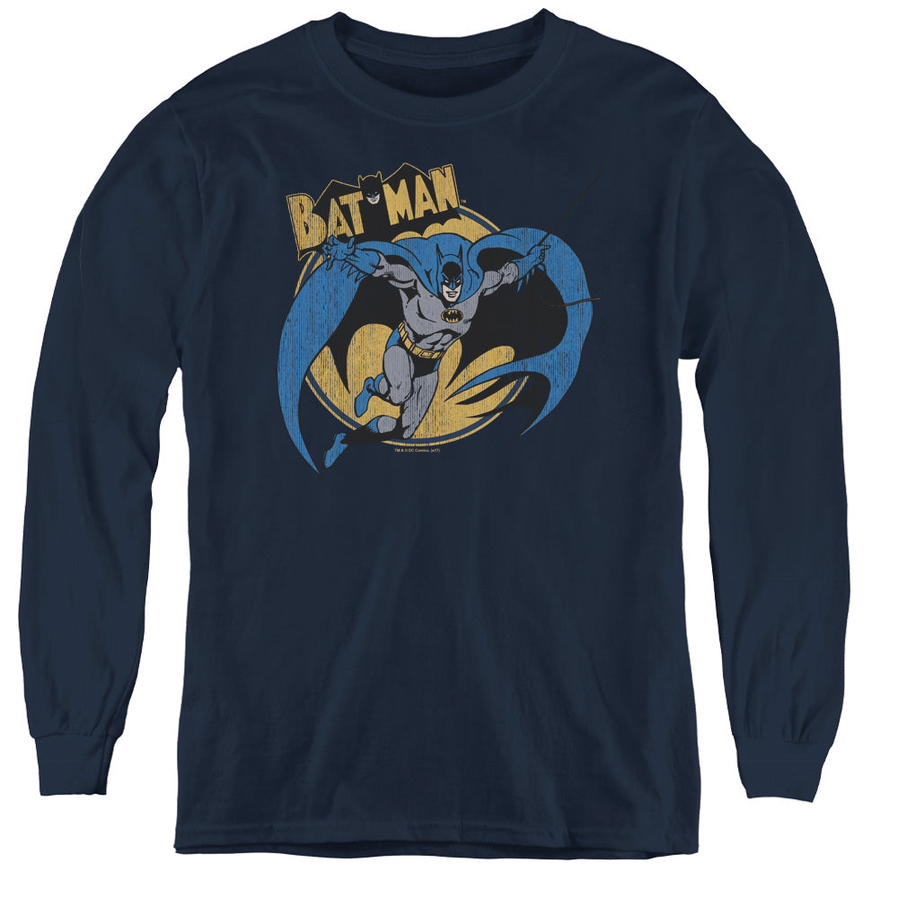 AN OFFCIALLY LICENSED BATMAN THROUGH THE NIGHT YOUTH LONG SLEEVE T-SHIRT NAVY