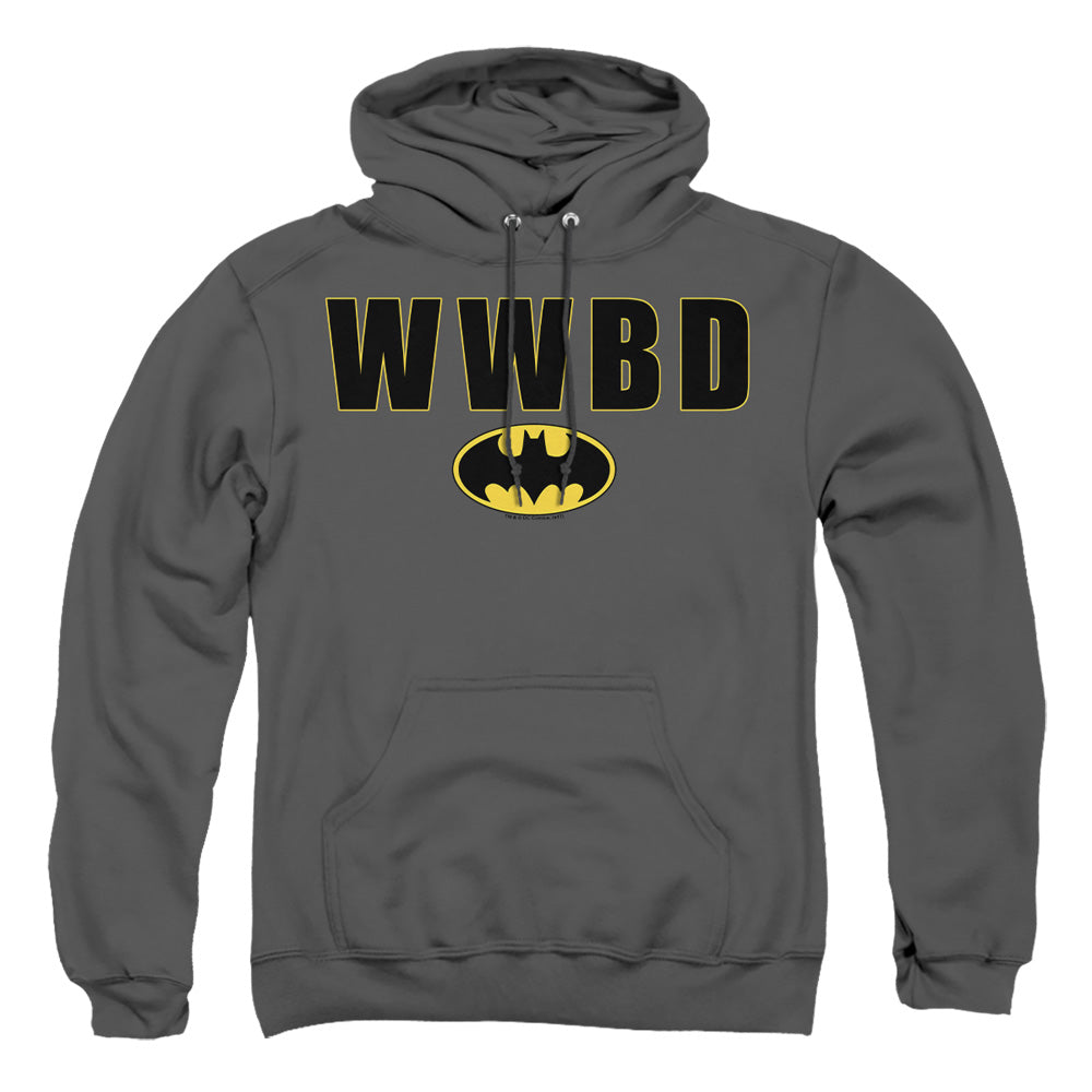 AN OFFCIALLY LICENSED BATMAN WWBD LOGO ADULT UNISEX PULLOVER HOODIE CHARCOAL
