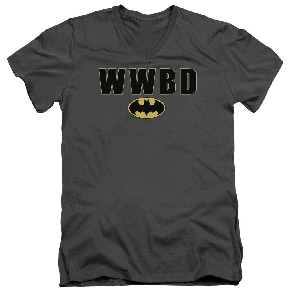 AN OFFCIALLY LICENSED BATMAN WWBD LOGO MEN'S V-NECK T-SHIRT CHARCOAL
