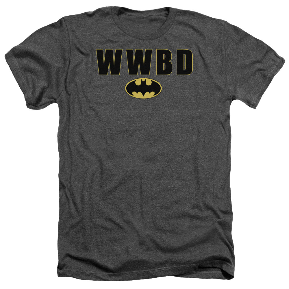AN OFFCIALLY LICENSED BATMAN WWBD LOGO MEN'S HEATHER T-SHIRT CHARCOAL