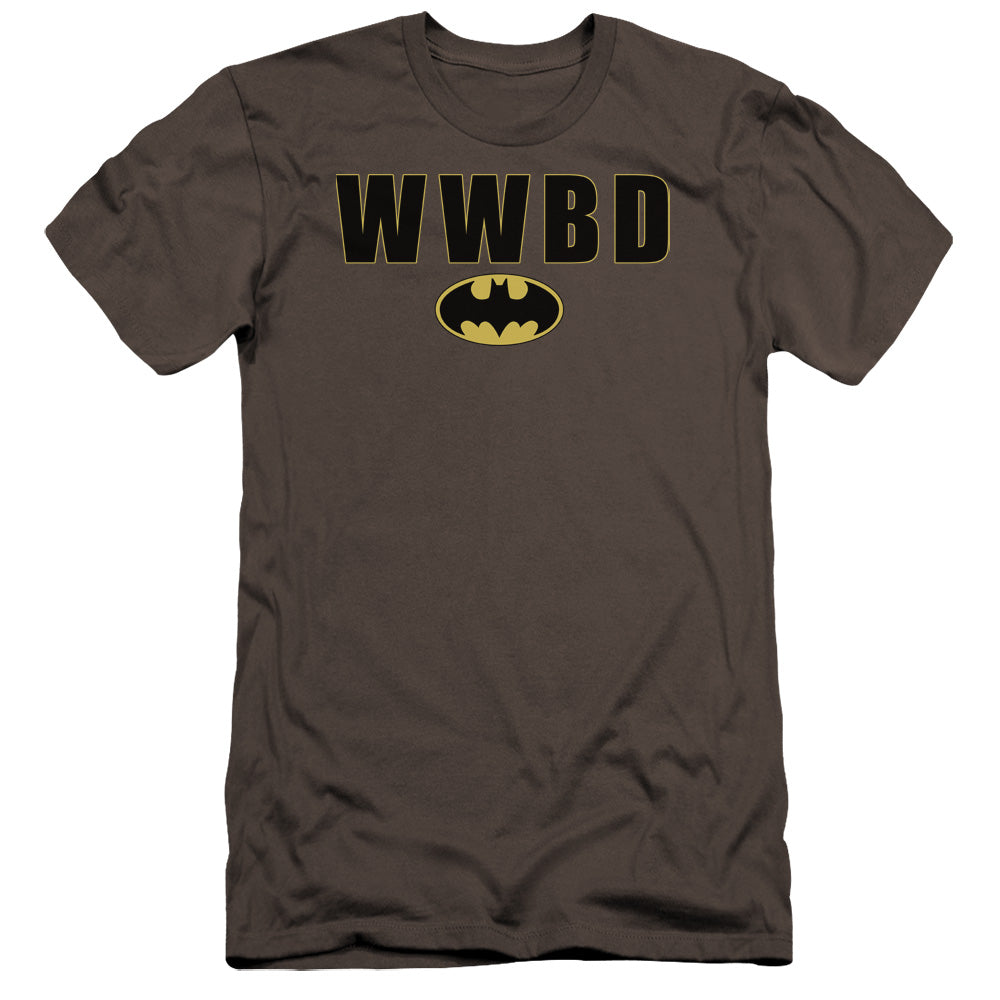 AN OFFCIALLY LICENSED BATMAN WWBD LOGO MEN'S PREMIUM SLIM FIT T-SHIRT CHARCOAL