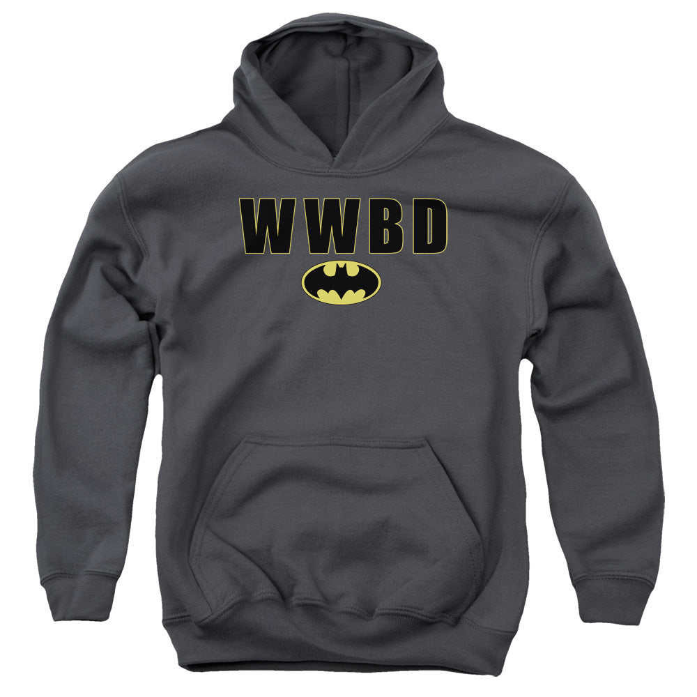 AN OFFCIALLY LICENSED BATMAN WWBD LOGO YOUTH HOODIE CHARCOAL