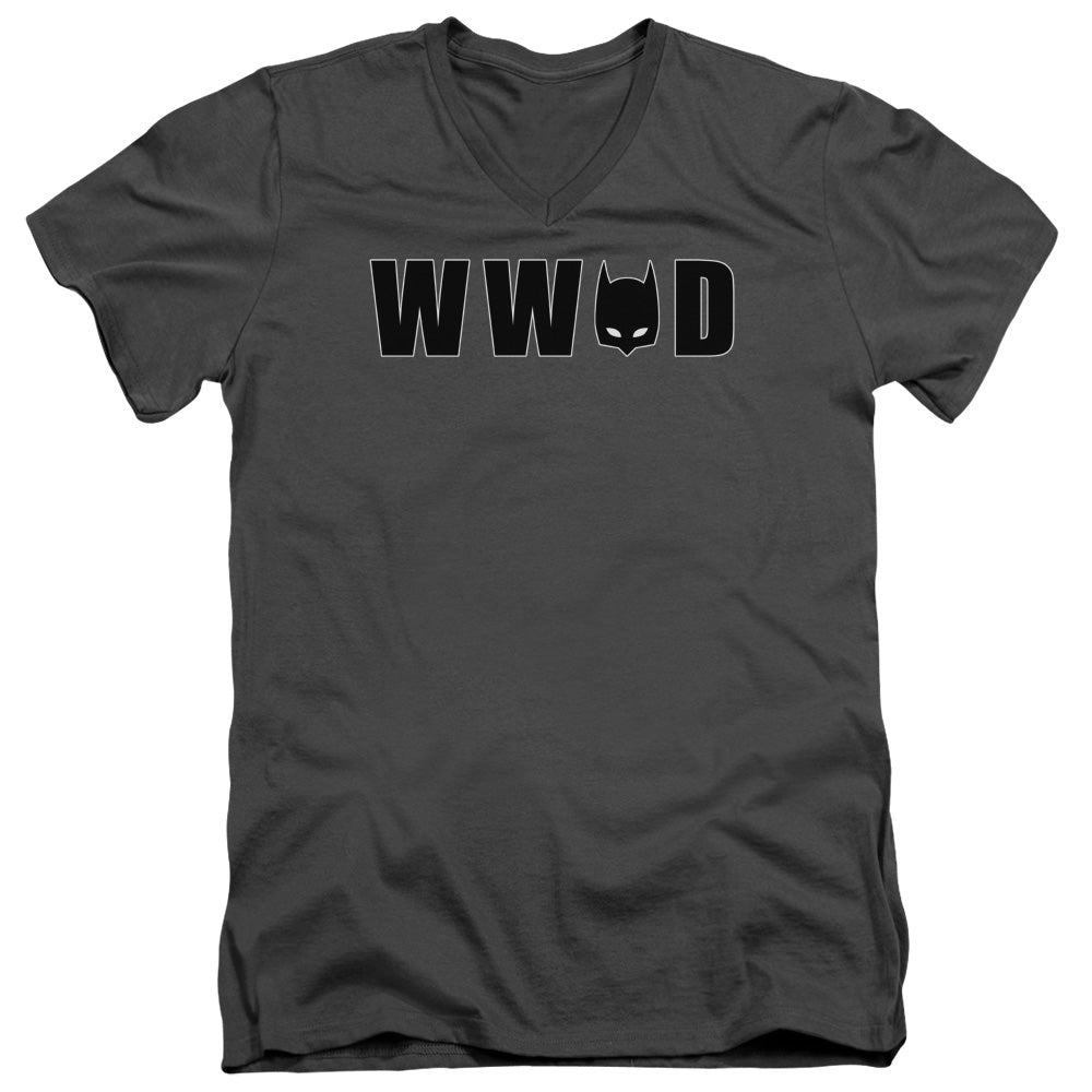 AN OFFCIALLY LICENSED BATMAN WWBD MASK MEN'S V-NECK T-SHIRT CHARCOAL