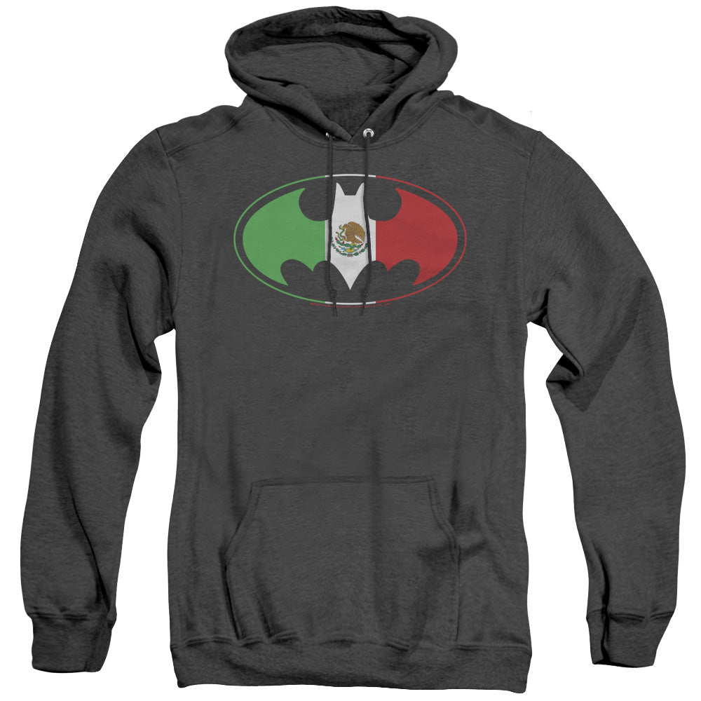 AN OFFCIALLY LICENSED BATMAN MEXICAN FLAG SHIELD ADULT UNISEX HEATHER PULLOVER HOODIE BLACK
