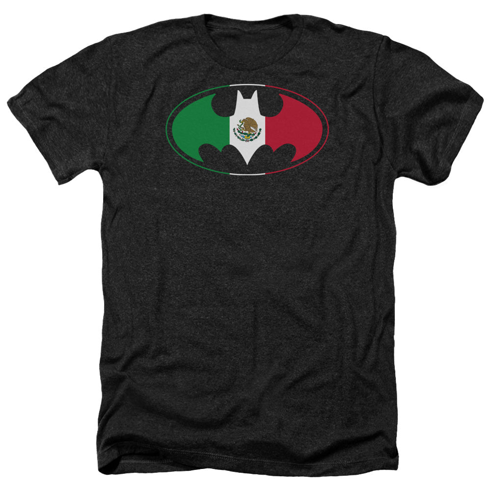 AN OFFCIALLY LICENSED BATMAN MEXICAN FLAG SHIELD MEN'S HEATHER T-SHIRT CHARCOAL