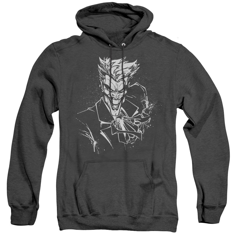 AN OFFCIALLY LICENSED BATMAN JOKERS SPLATTER SMILE ADULT UNISEX HEATHER PULLOVER HOODIE BLACK