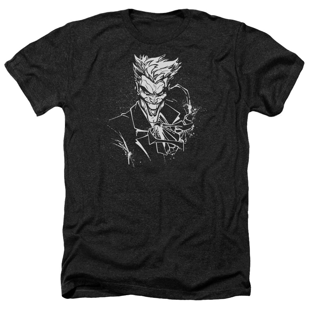 AN OFFCIALLY LICENSED BATMAN JOKERS SPLATTER SMILE MEN'S HEATHER T-SHIRT CHARCOAL