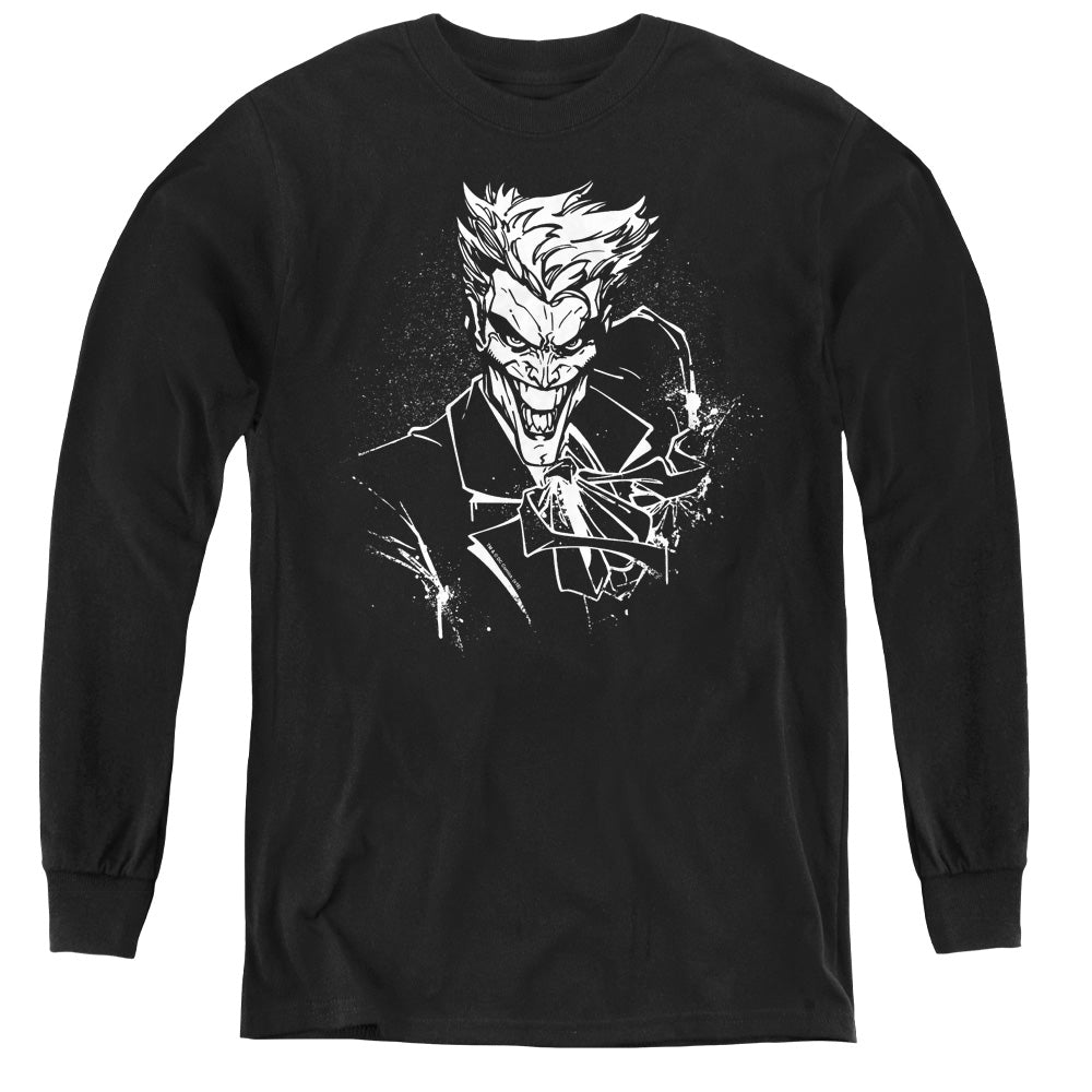 AN OFFCIALLY LICENSED BATMAN JOKERS SPLATTER SMILE YOUTH LONG SLEEVE T-SHIRT BLACK