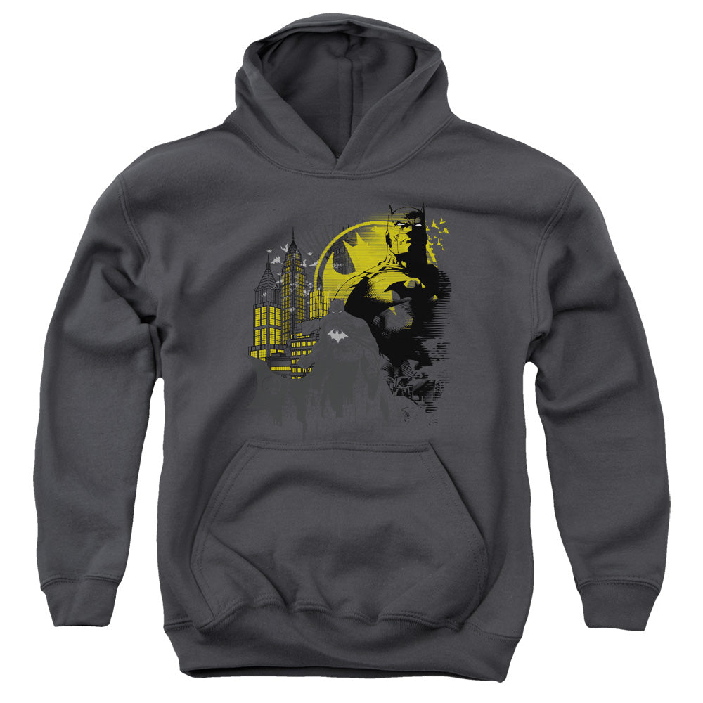 AN OFFCIALLY LICENSED BATMAN THE DARK CITY YOUTH HOODIE CHARCOAL