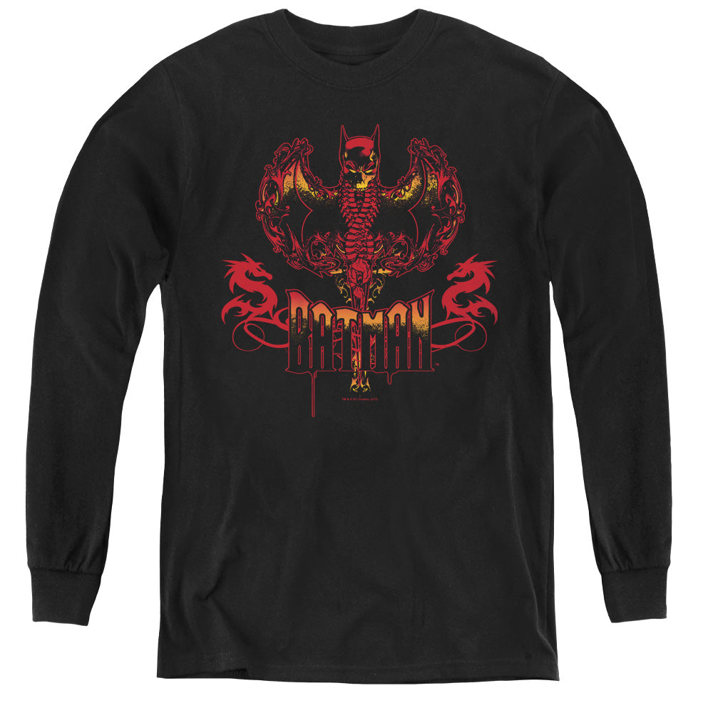 AN OFFCIALLY LICENSED BATMAN HEART OF FIRE YOUTH LONG SLEEVE T-SHIRT BLACK