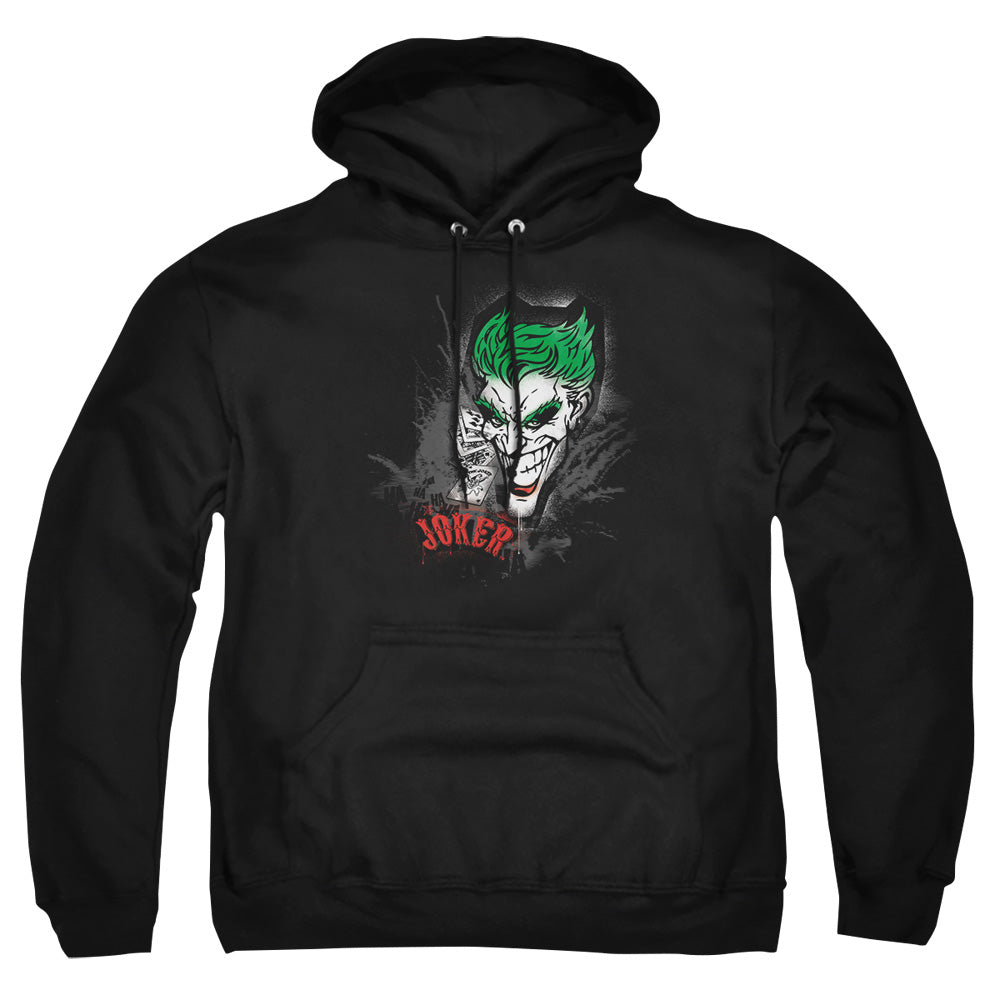 AN OFFCIALLY LICENSED BATMAN JOKER SPRAYS THE CITY ADULT UNISEX PULLOVER HOODIE BLACK