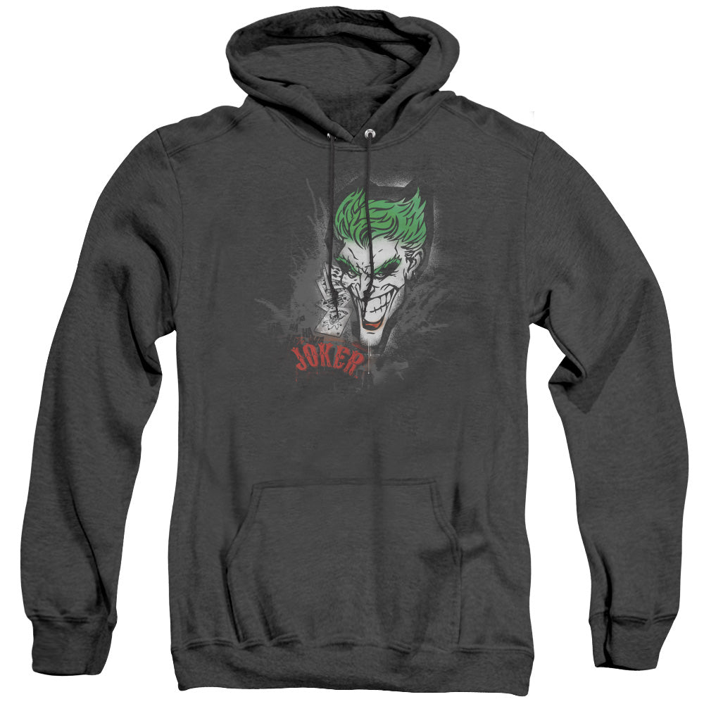 AN OFFCIALLY LICENSED BATMAN JOKER SPRAYS THE CITY ADULT UNISEX HEATHER PULLOVER HOODIE BLACK