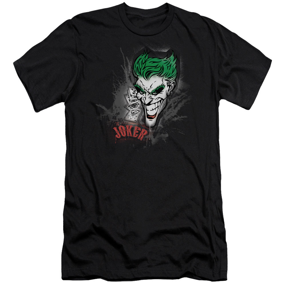 AN OFFCIALLY LICENSED BATMAN JOKER SPRAYS THE CITY MEN'S PREMIUM SLIM FIT T-SHIRT BLACK