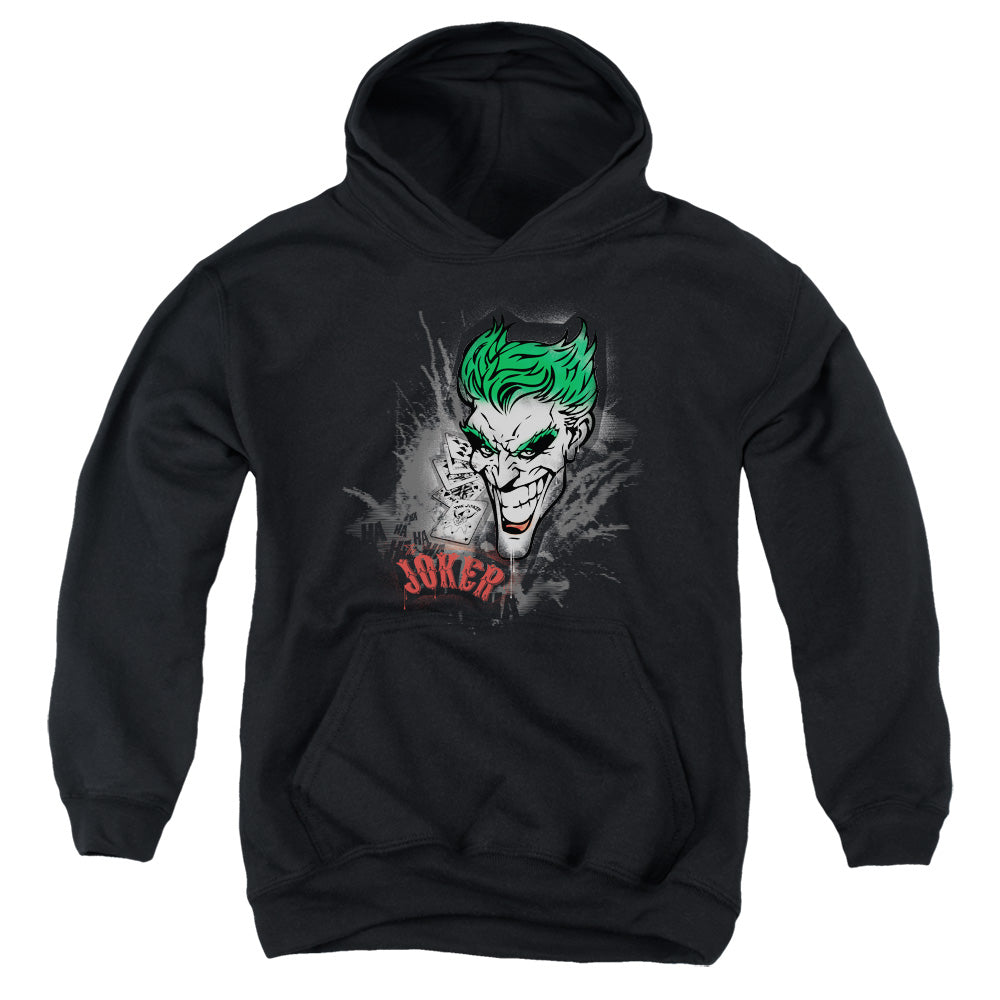 AN OFFCIALLY LICENSED BATMAN JOKER SPRAYS THE CITY YOUTH HOODIE BLACK