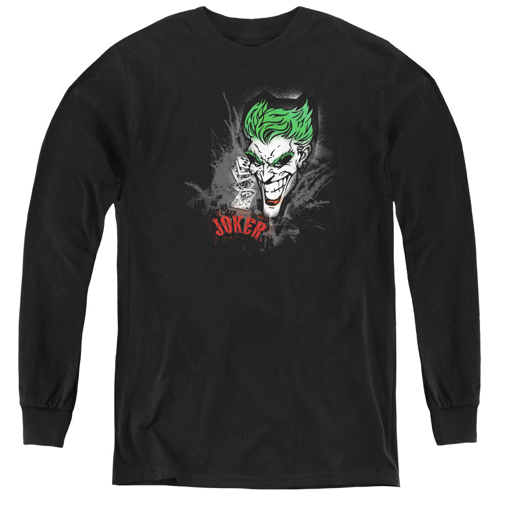 AN OFFCIALLY LICENSED BATMAN JOKER SPRAYS THE CITY YOUTH LONG SLEEVE T-SHIRT BLACK