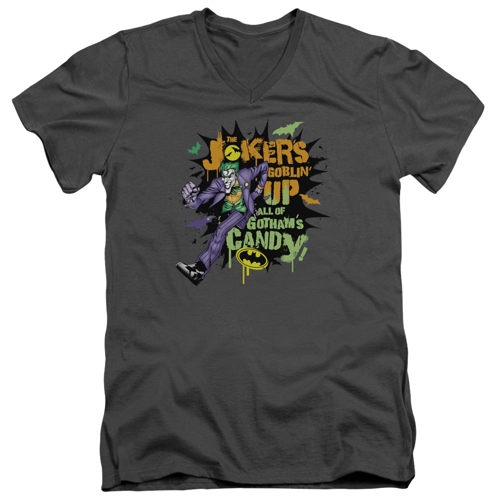 AN OFFCIALLY LICENSED BATMAN GOBLIN CANDY MEN'S V-NECK T-SHIRT CHARCOAL