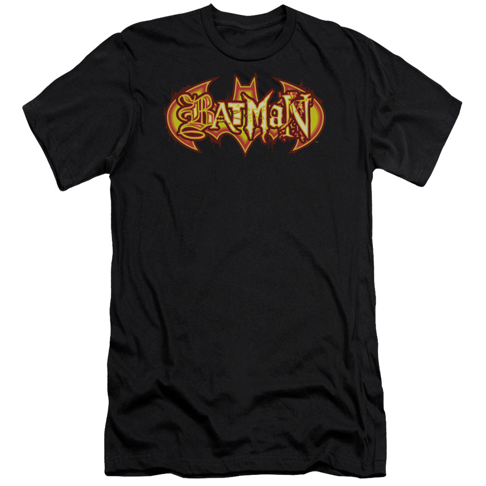 AN OFFCIALLY LICENSED BATMAN FIERY SHIELD MEN'S PREMIUM SLIM FIT T-SHIRT BLACK