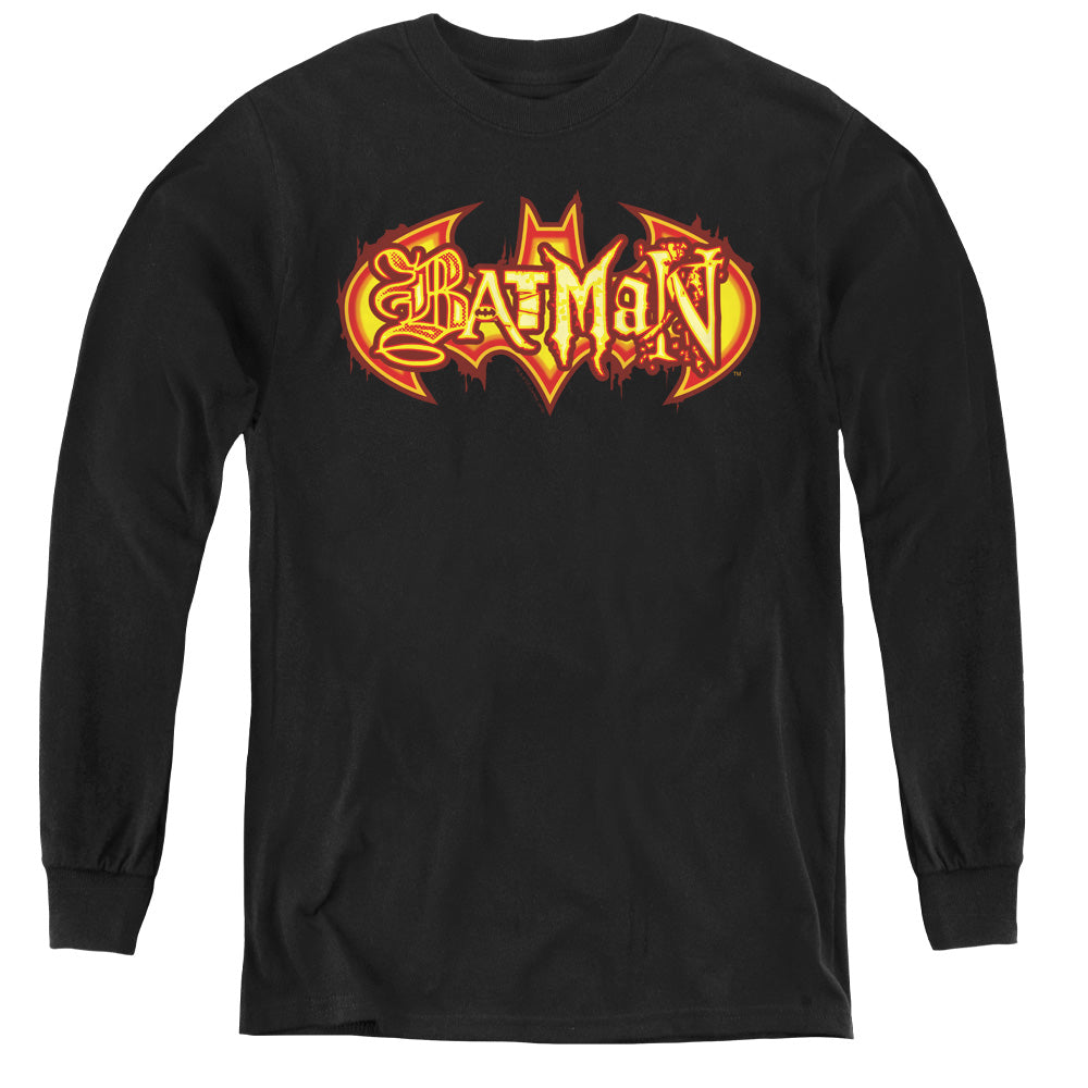 AN OFFCIALLY LICENSED BATMAN FIERY SHIELD YOUTH LONG SLEEVE T-SHIRT BLACK
