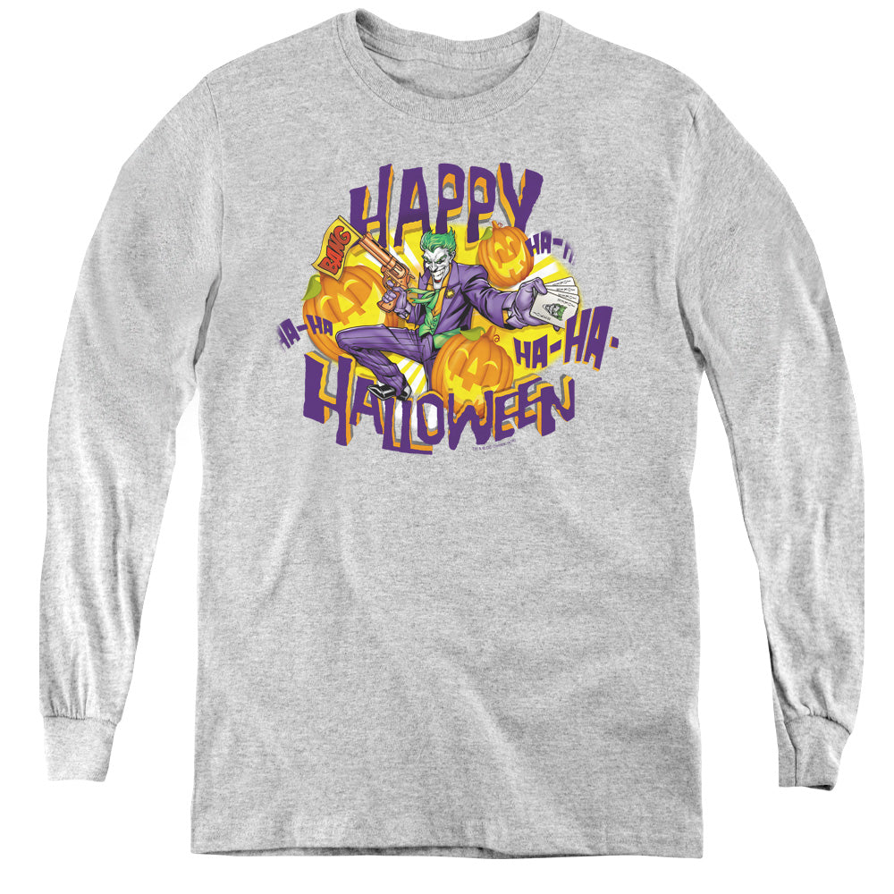 AN OFFCIALLY LICENSED BATMAN HA HA HALLOWEEN YOUTH LONG SLEEVE T-SHIRT ATHLETIC HEATHER