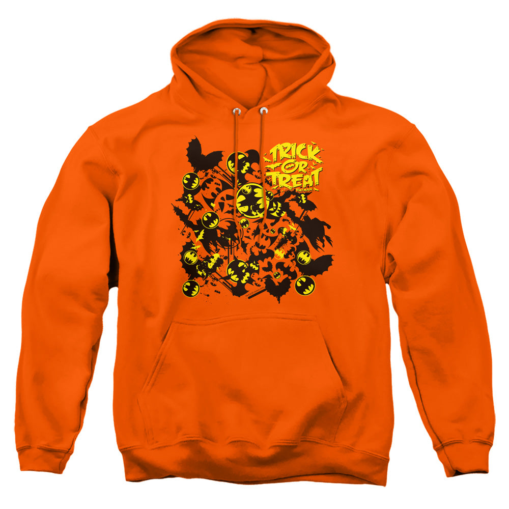 AN OFFCIALLY LICENSED BATMAN TRICK OR TREAT COLLAGE ADULT UNISEX PULLOVER HOODIE ORANGE