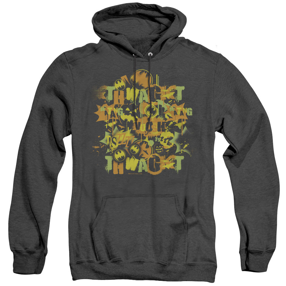 AN OFFCIALLY LICENSED BATMAN HALLOWEEN KNIGHT SOUNDS ADULT UNISEX HEATHER PULLOVER HOODIE BLACK