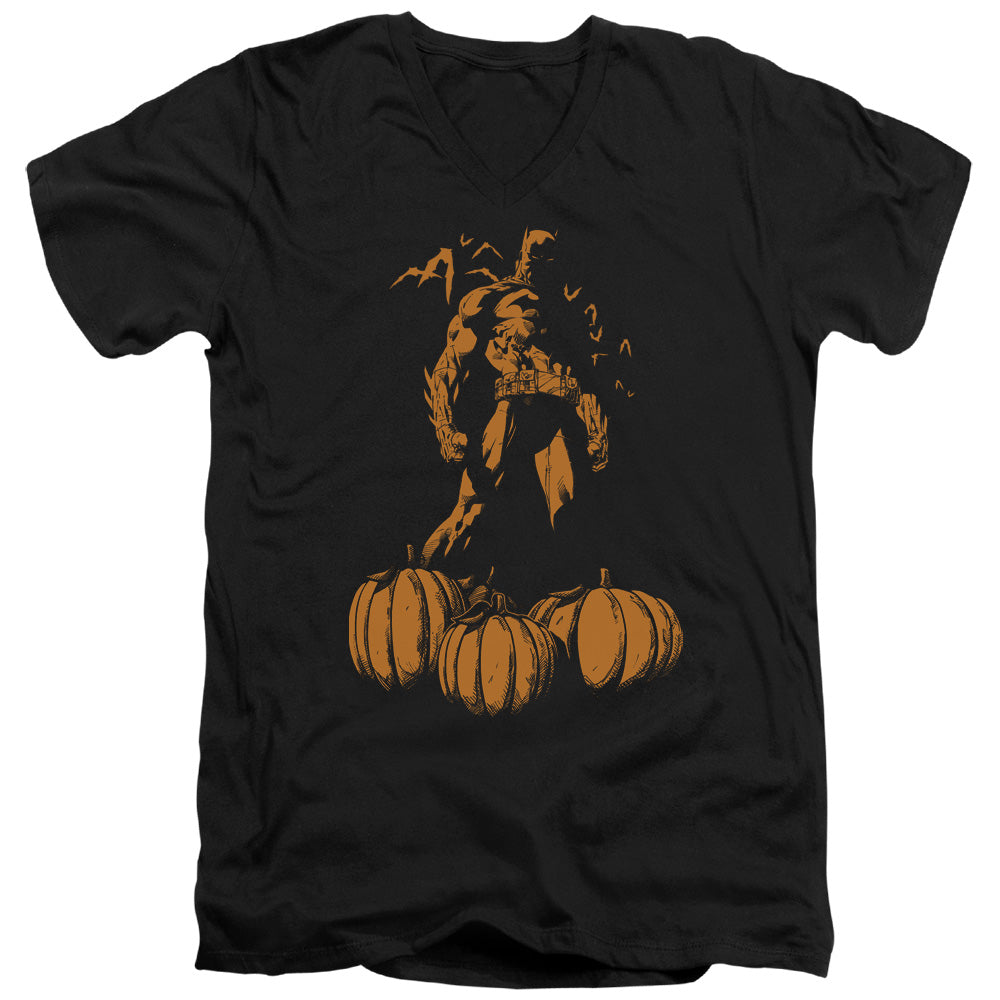 AN OFFCIALLY LICENSED BATMAN A BAT AMONG PUMPKINS MEN'S V-NECK T-SHIRT BLACK