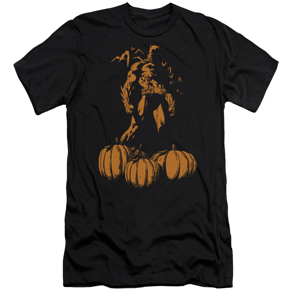 AN OFFCIALLY LICENSED BATMAN A BAT AMONG PUMPKINS MEN'S PREMIUM SLIM FIT T-SHIRT BLACK