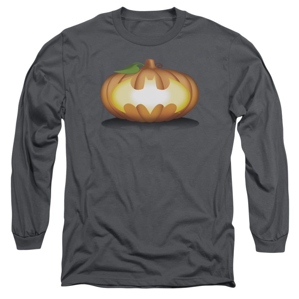 AN OFFCIALLY LICENSED BATMAN BAT PUMPKIN LOGO MEN'S LONG SLEEVE T-SHIRT CHARCOAL