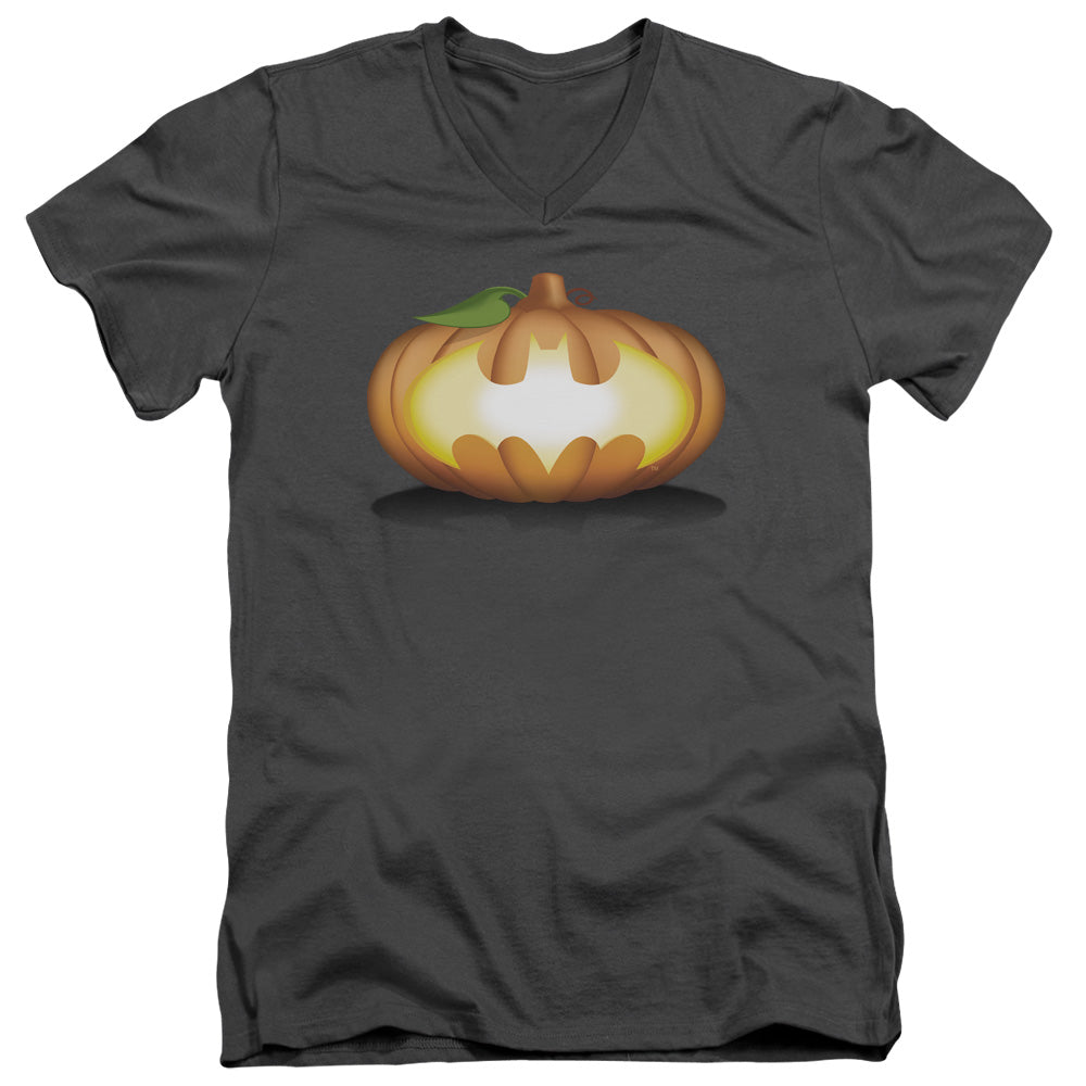 AN OFFCIALLY LICENSED BATMAN BAT PUMPKIN LOGO MEN'S V-NECK T-SHIRT CHARCOAL