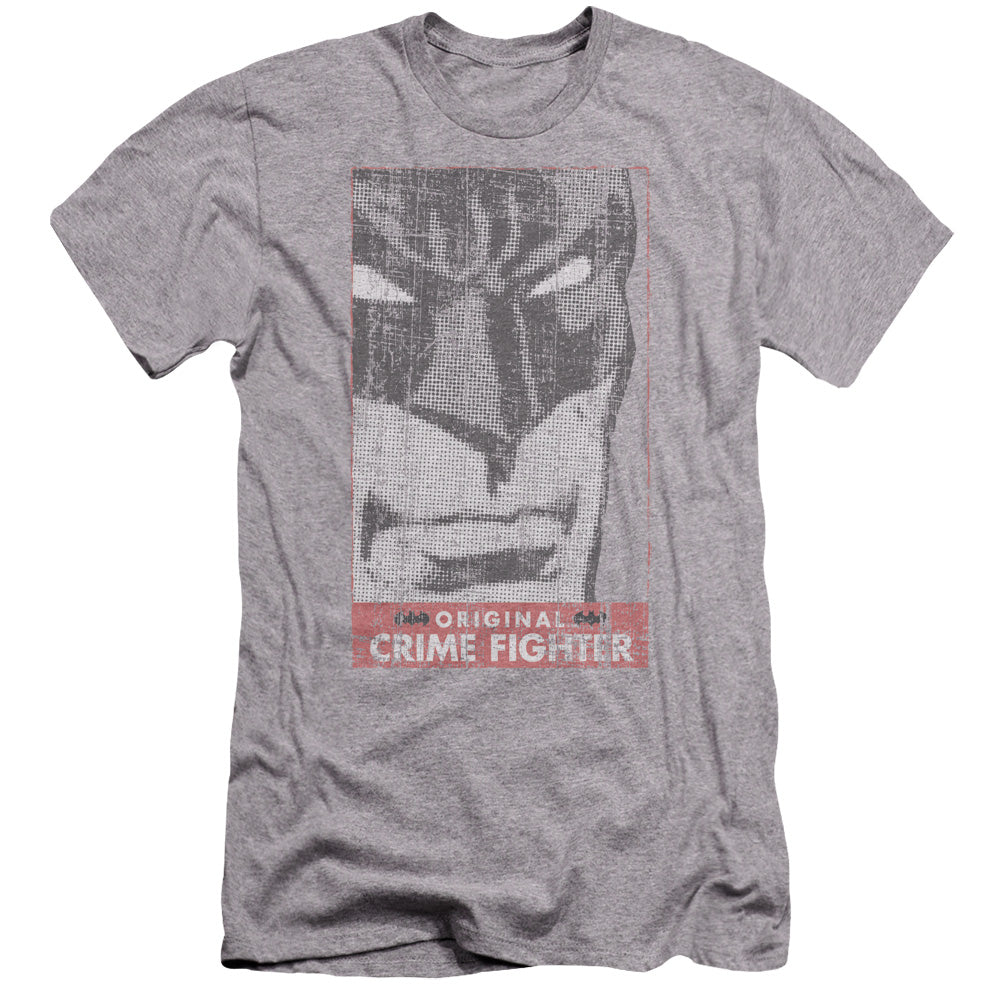 AN OFFCIALLY LICENSED BATMAN ORGINAL CRIME FIGHTER MEN'S PREMIUM SLIM FIT T-SHIRT ATHLETIC HEATHER