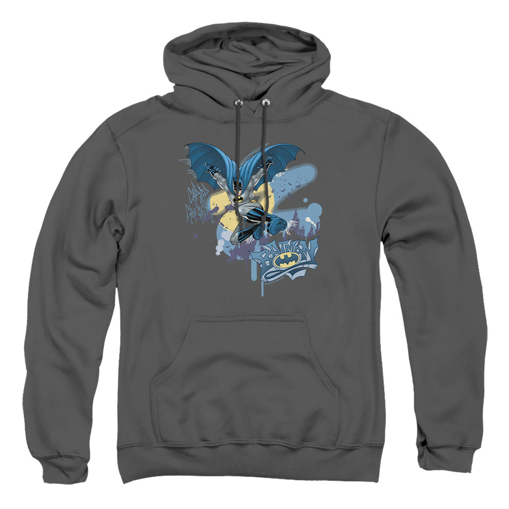 AN OFFCIALLY LICENSED BATMAN INTO THE NIGHT ADULT UNISEX PULLOVER HOODIE CHARCOAL