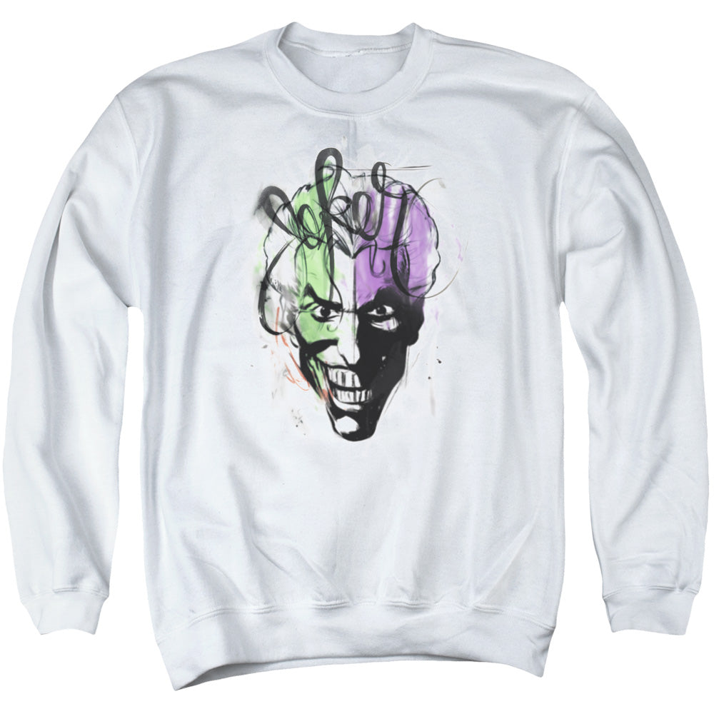 AN OFFCIALLY LICENSED BATMAN JOKER AIRBRUSH ADULT UNISEX CREWNECK SWEATSHIRT WHITE