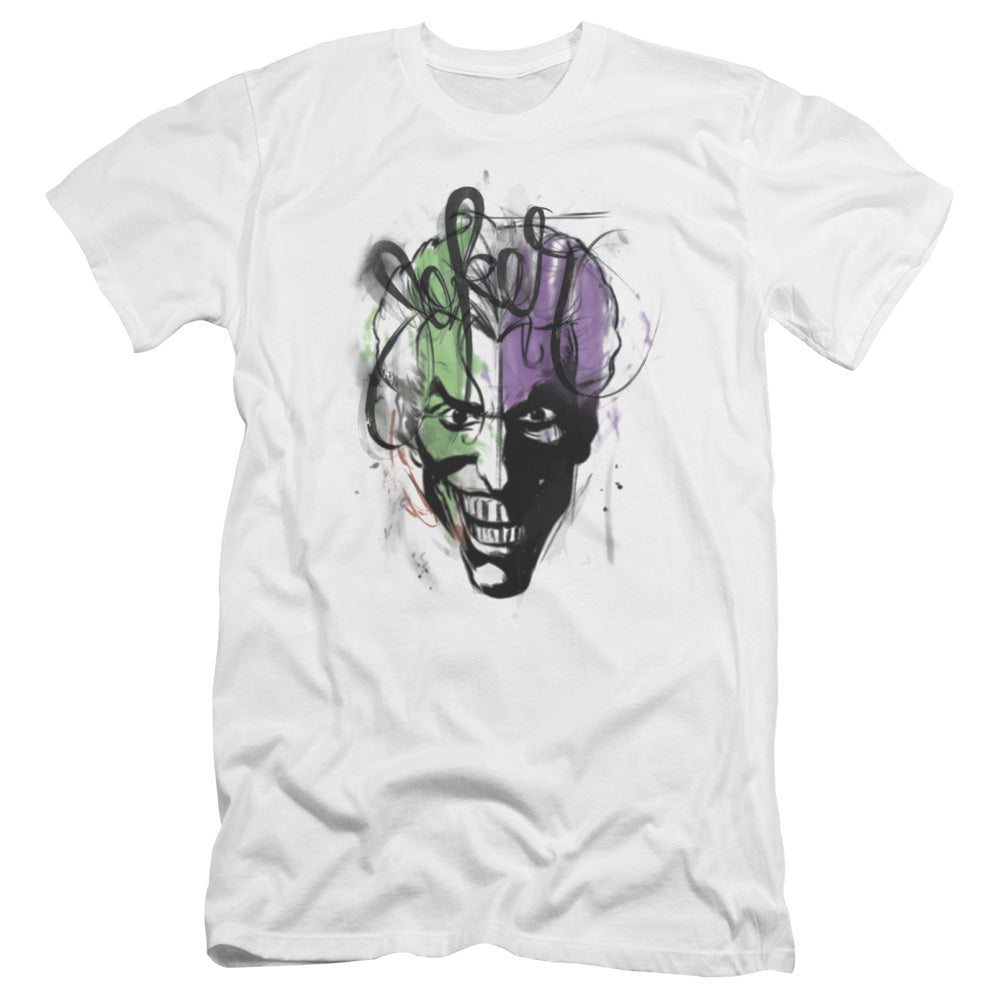 AN OFFCIALLY LICENSED BATMAN JOKER AIRBRUSH MEN'S PREMIUM SLIM FIT T-SHIRT WHITE
