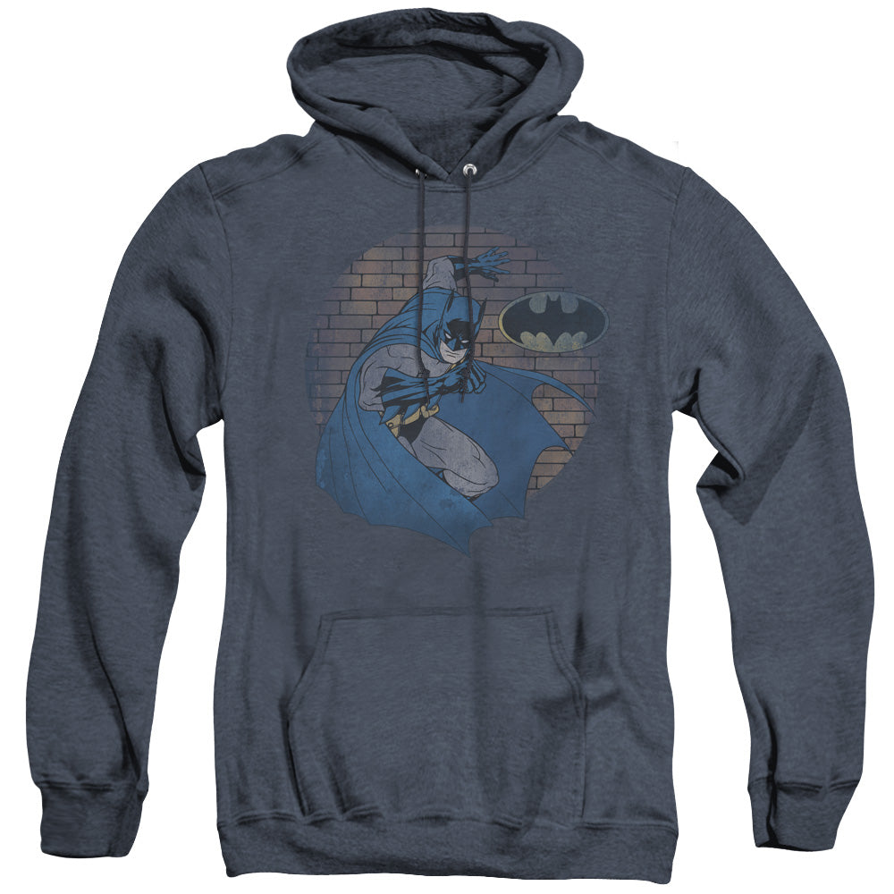 AN OFFCIALLY LICENSED BATMAN IN THE SPOTLIGHT ADULT UNISEX HEATHER PULLOVER HOODIE NAVY