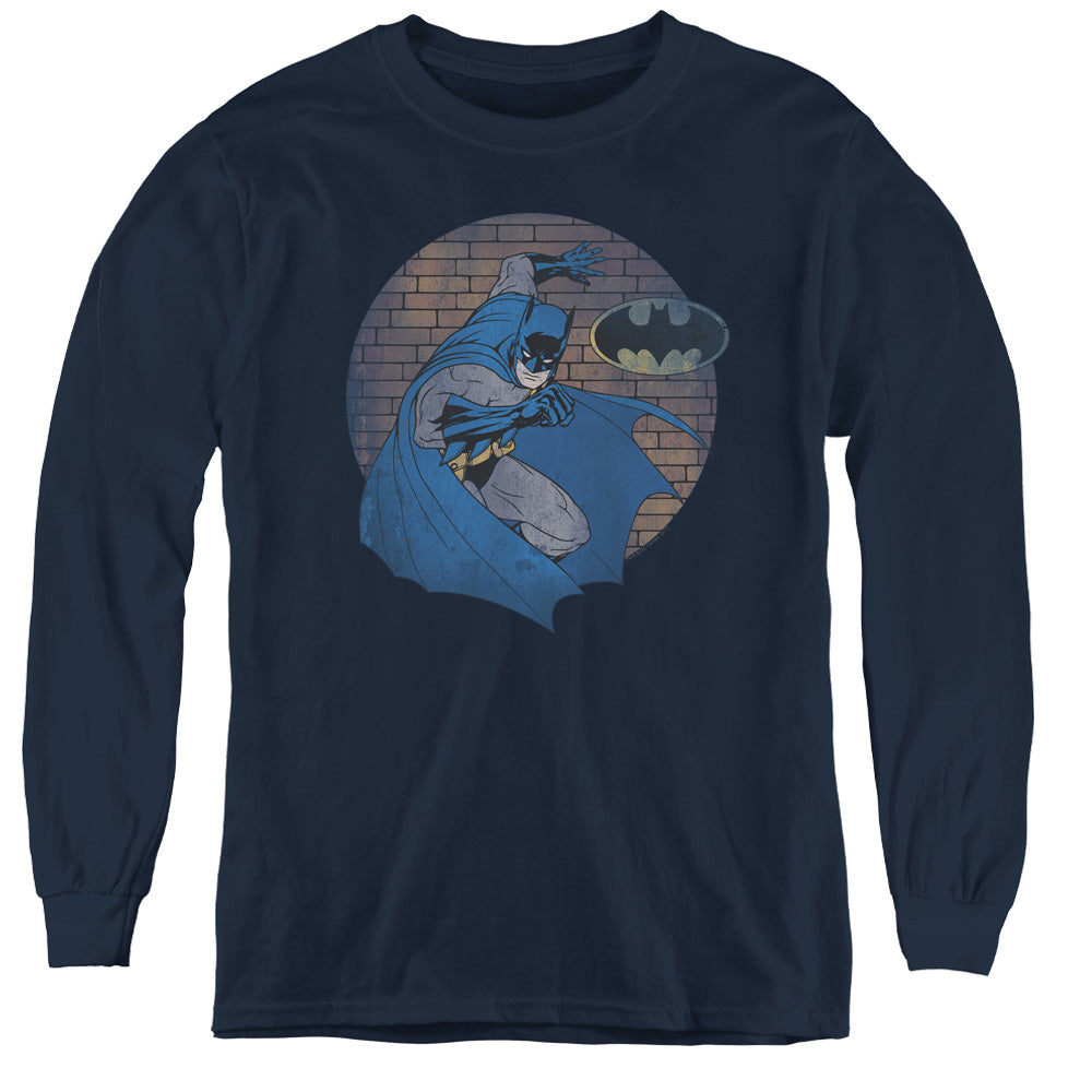 AN OFFCIALLY LICENSED BATMAN IN THE SPOTLIGHT YOUTH LONG SLEEVE T-SHIRT NAVY