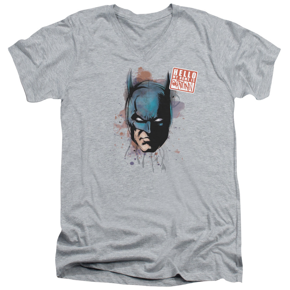 AN OFFCIALLY LICENSED BATMAN HELLO MEN'S V-NECK T-SHIRT ATHLETIC HEATHER