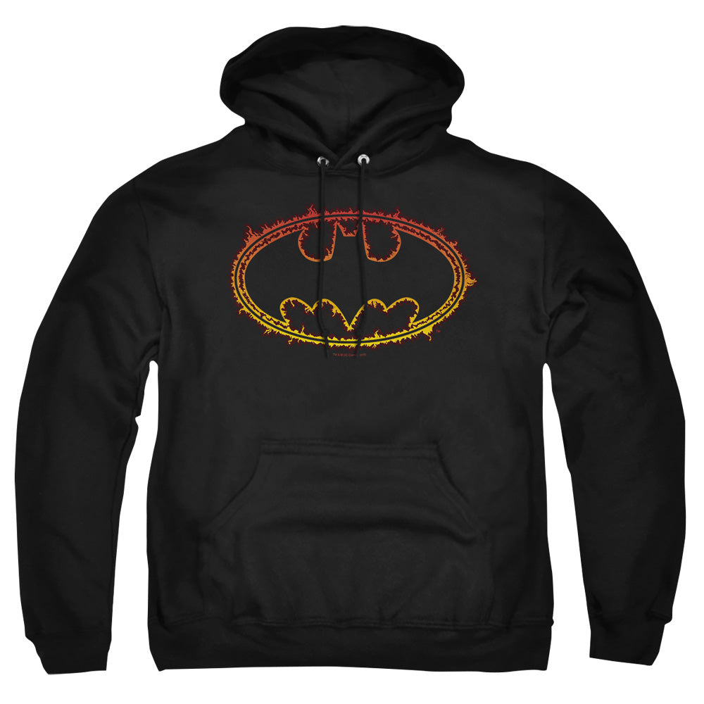 AN OFFCIALLY LICENSED BATMAN FLAME OUTLINED LOGO ADULT UNISEX PULLOVER HOODIE BLACK