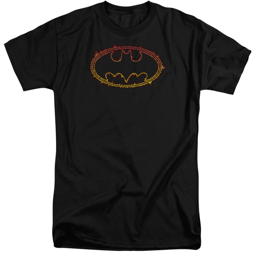 AN OFFCIALLY LICENSED BATMAN FLAME OUTLINED LOGO MEN'S TALL FIT T-SHIRT BLACK