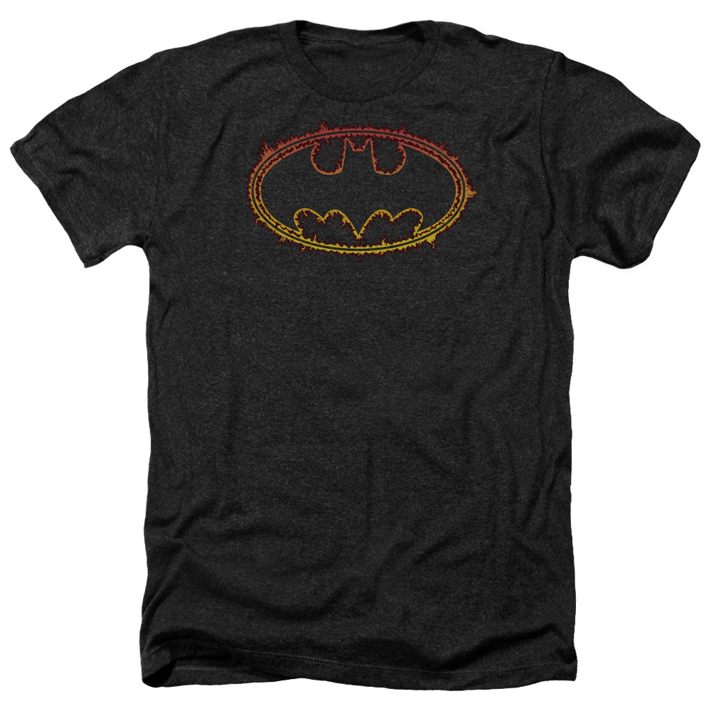 AN OFFCIALLY LICENSED BATMAN FLAME OUTLINED LOGO MEN'S HEATHER T-SHIRT CHARCOAL