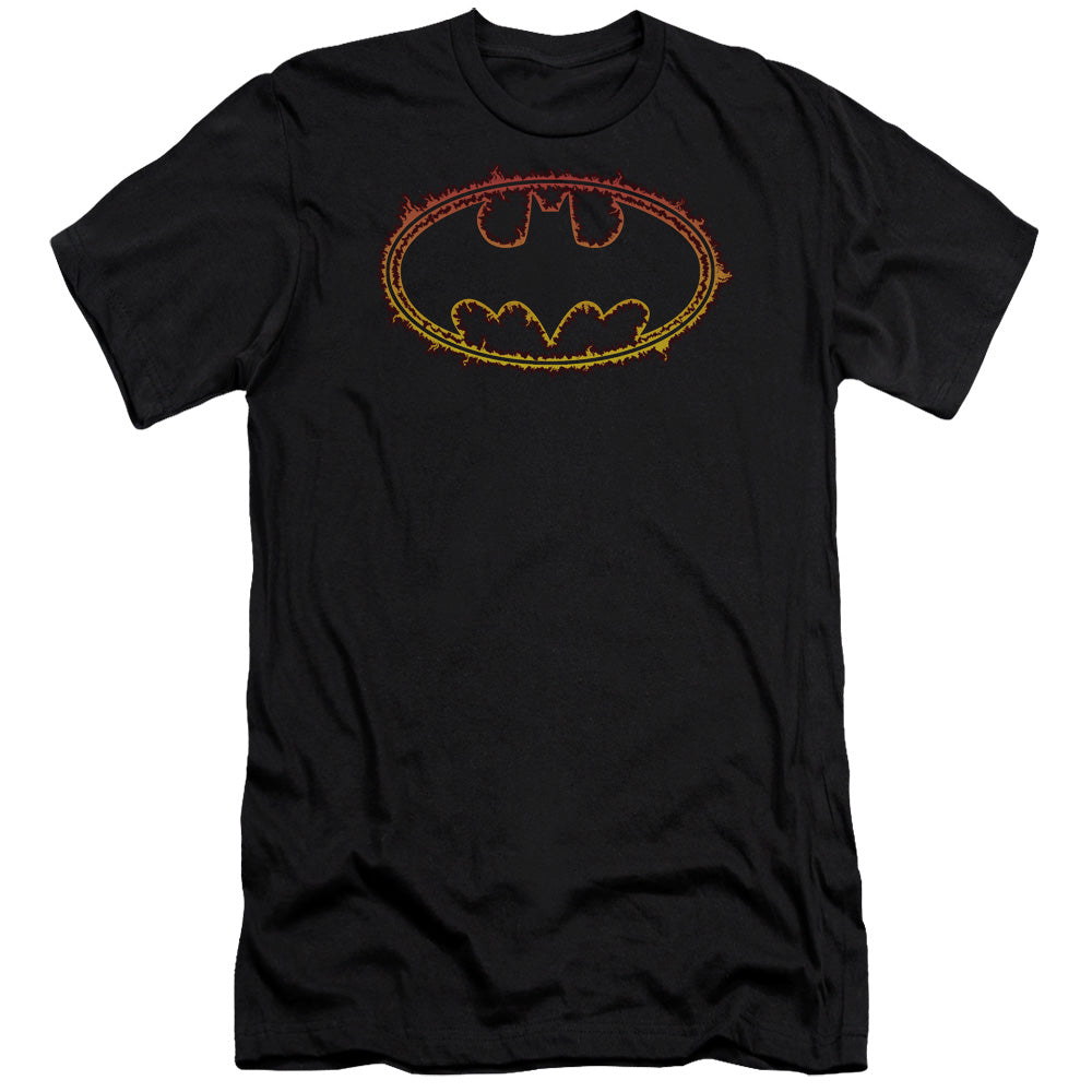 AN OFFCIALLY LICENSED BATMAN FLAME OUTLINED LOGO MEN'S PREMIUM SLIM FIT T-SHIRT BLACK