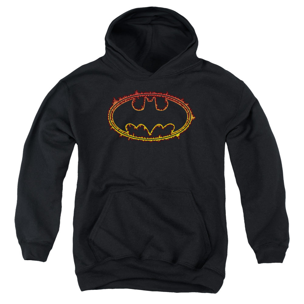 AN OFFCIALLY LICENSED BATMAN FLAME OUTLINED LOGO YOUTH HOODIE BLACK