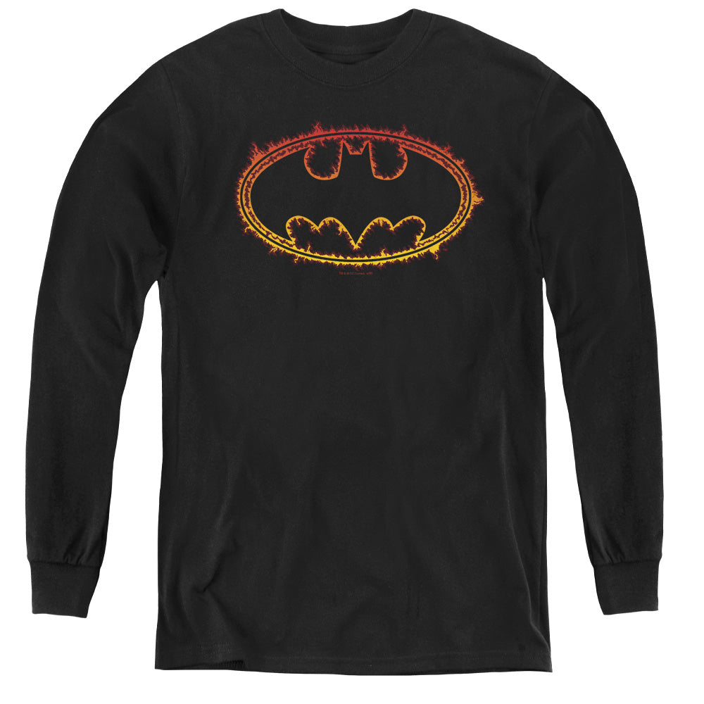 AN OFFCIALLY LICENSED BATMAN FLAME OUTLINED LOGO YOUTH LONG SLEEVE T-SHIRT BLACK