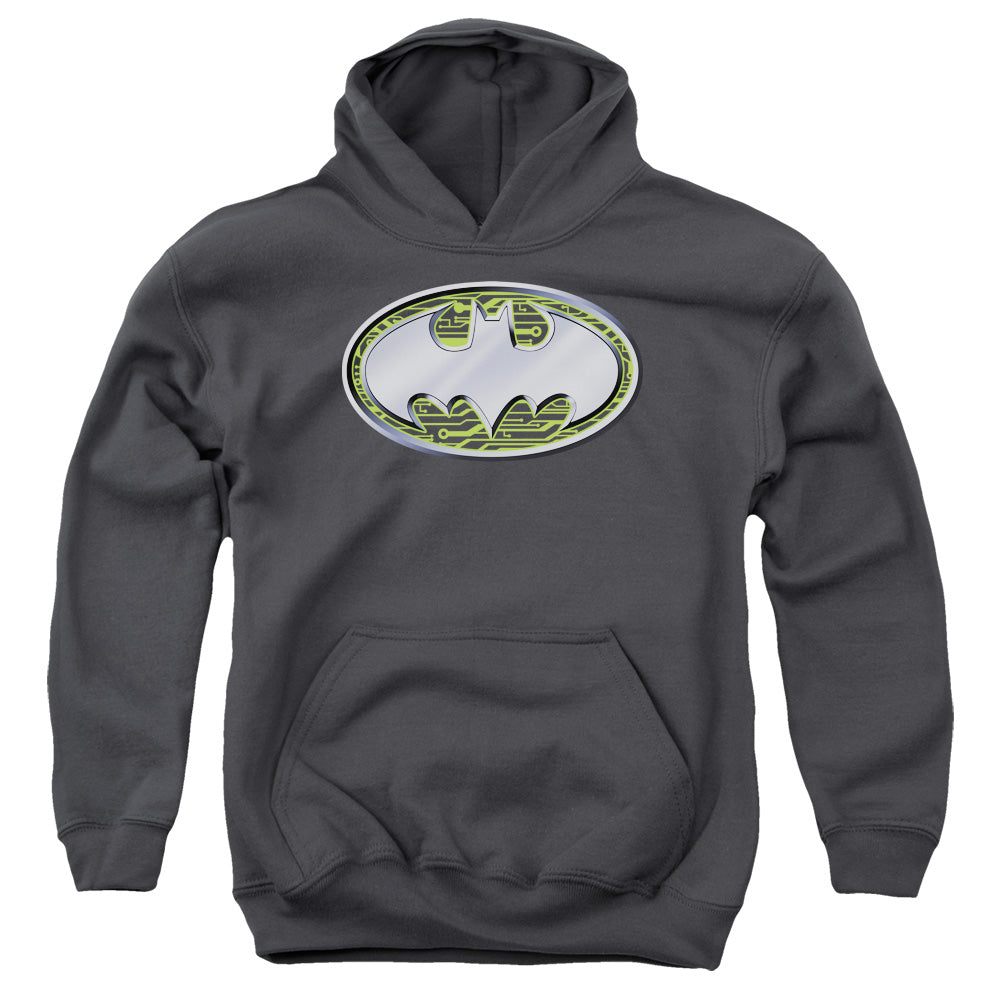AN OFFCIALLY LICENSED BATMAN CIRCUITS LOGO YOUTH HOODIE CHARCOAL