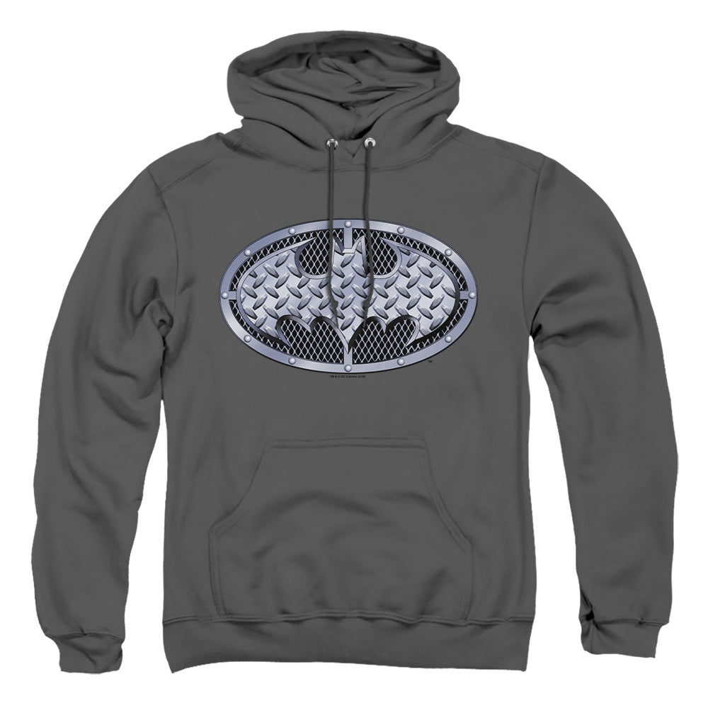 AN OFFCIALLY LICENSED BATMAN STEEL MESH SHIELD ADULT UNISEX PULLOVER HOODIE CHARCOAL