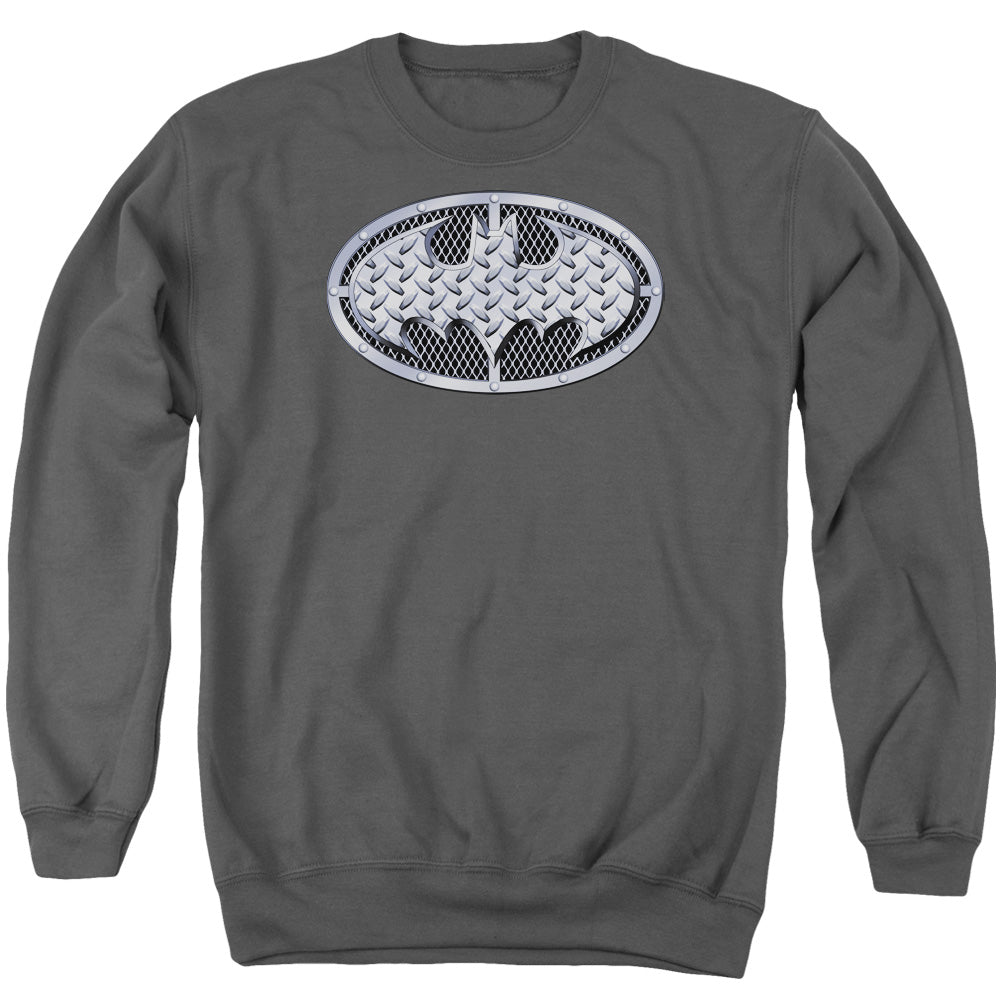 AN OFFCIALLY LICENSED BATMAN STEEL MESH SHIELD ADULT UNISEX CREWNECK SWEATSHIRT CHARCOAL