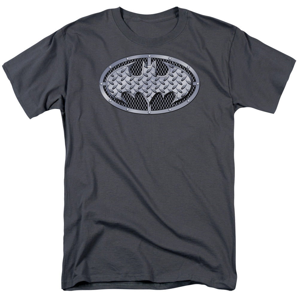 AN OFFCIALLY LICENSED BATMAN STEEL MESH SHIELD MEN'S REGULAR FIT T-SHIRT CHARCOAL